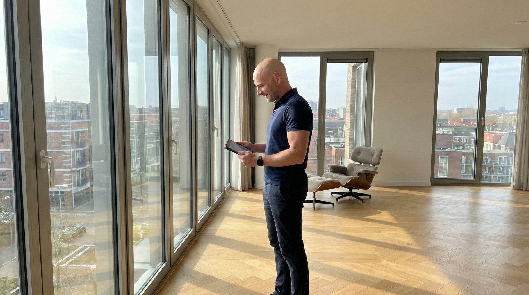Vor-Ort-Aufmaß mit Tablet in moderner Immobilie